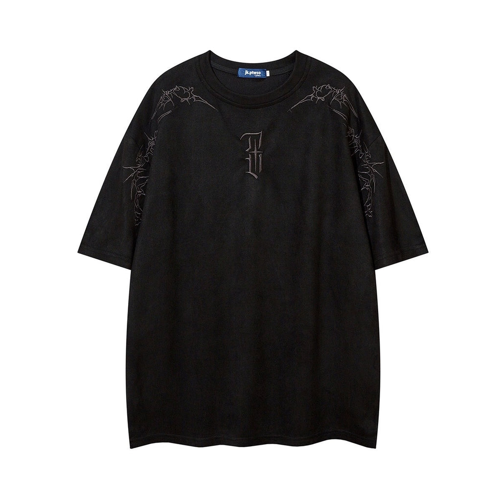 麂皮絨荊棘刺繡高街短tee