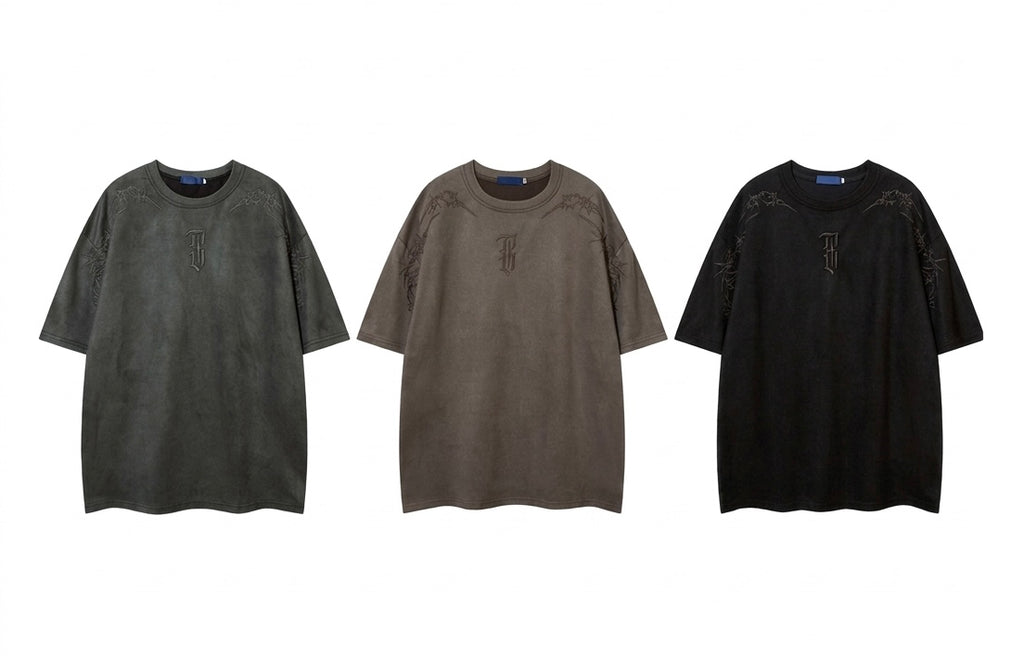 麂皮絨荊棘刺繡高街短tee